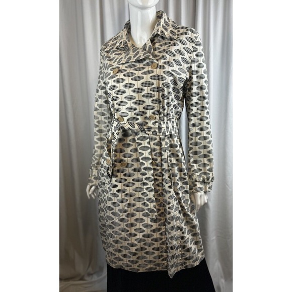 GAP‎ Double Breasted Trench Coat Belted Geo Print Button Up L Chic Vintage 58-02 - Picture 2 of 15